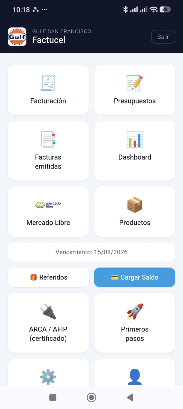 Factucel — menú de la aplicación